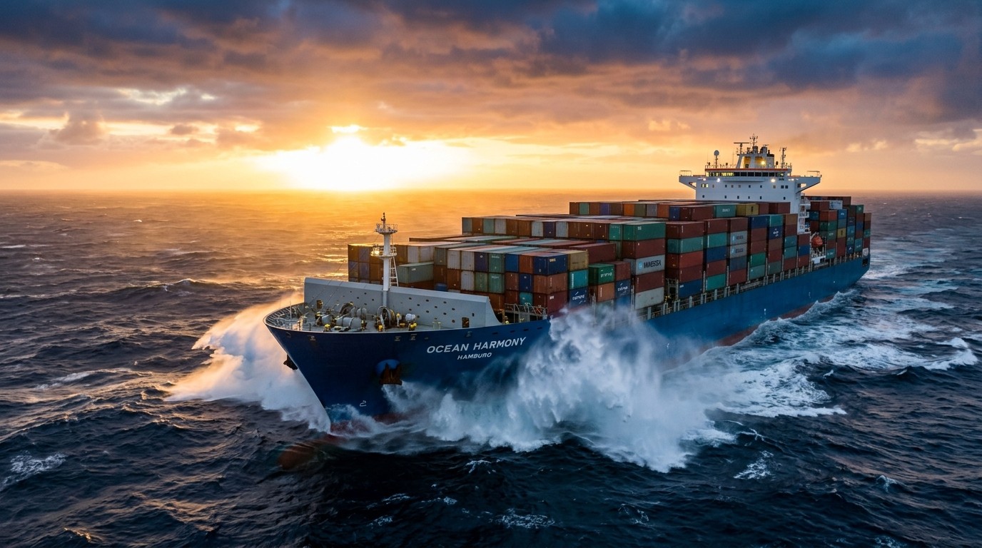 Merchant Navy Vessel at Sunrise